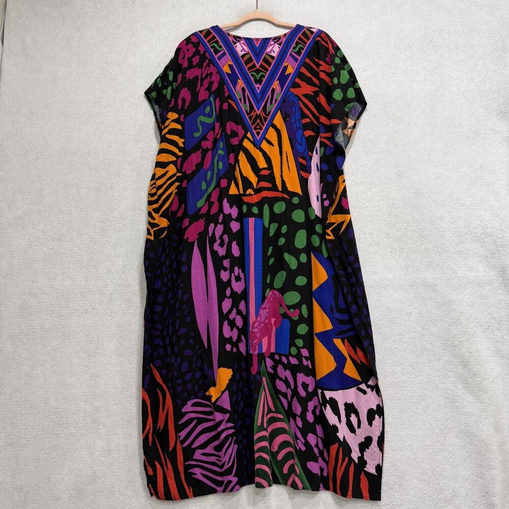 Animal Print Kaftan Dress Womens One Size Multicolor V Neck Boho Maxi Flowy - Picture 4 of 5
